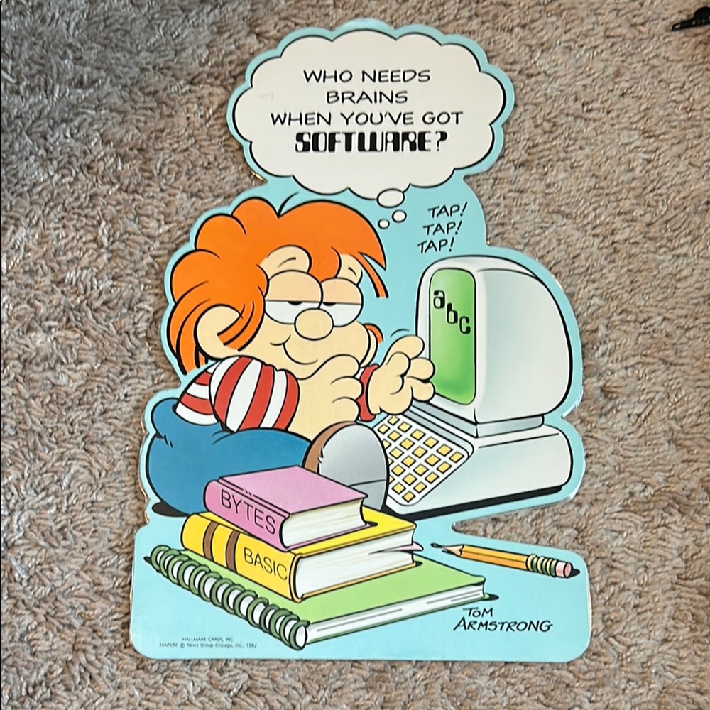 Vintage laminated cardboard Marvin cartoon sign by Tom Armstrong